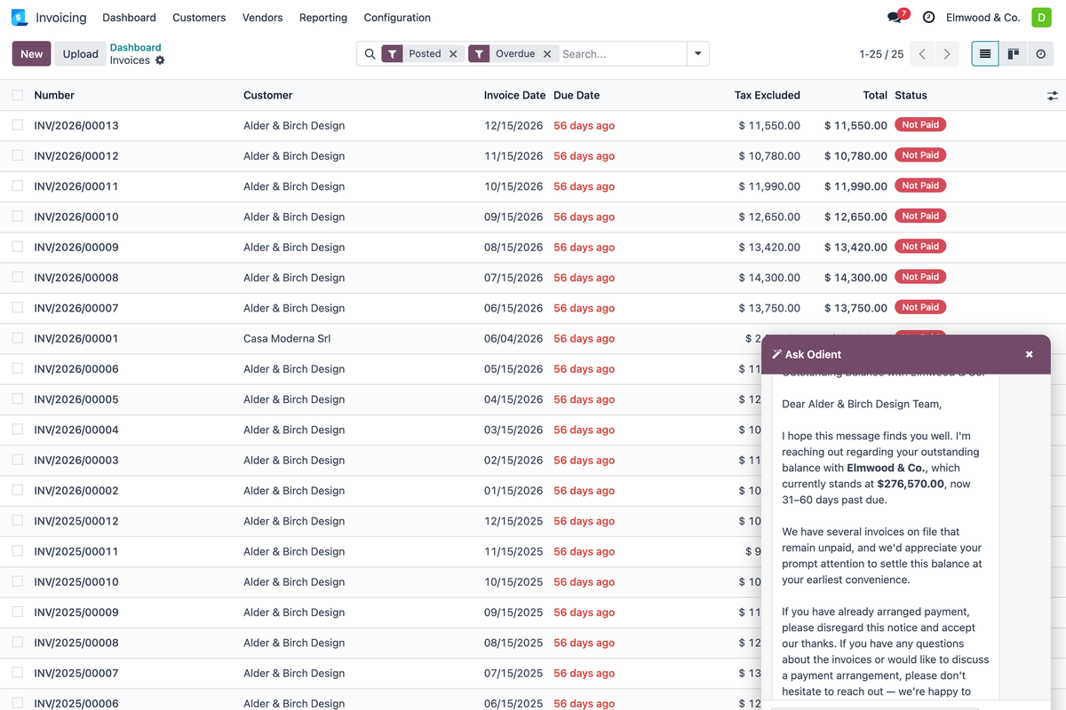 Overdue receivables in Odoo, with Diana drafting a payment reminder for the outstanding balance